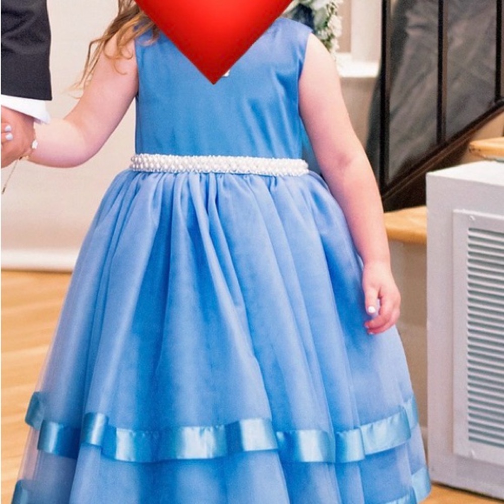 Girls' Blue Pearl-Belted Formal Dress